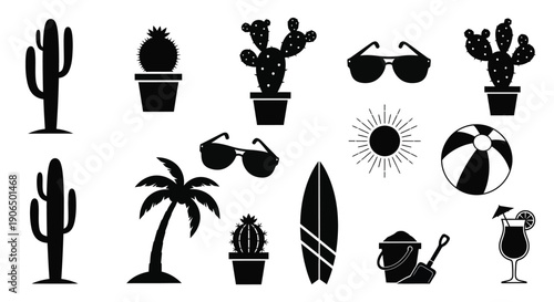 Black silhouette icons depicting summer vacation and desert plants