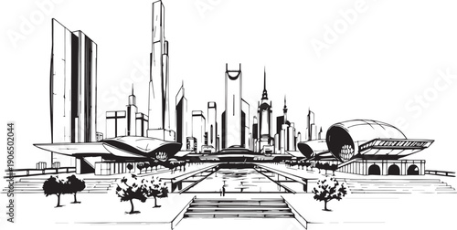 City landscape. Different buildings on street, outline cityscape hand sketch, flat houses. Hand drawn vector illustration