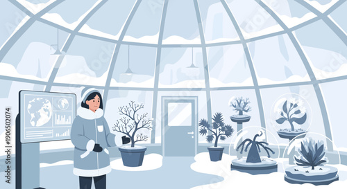 Woman in winter greenhouse with snowcovered plants and information display.