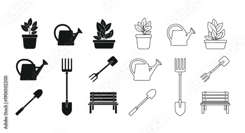 Gardening tools and potted plants in a simple black and white illustration