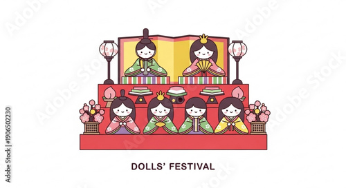 Traditional japanese dolls festival scene with colorful kokeshi dolls on red stage