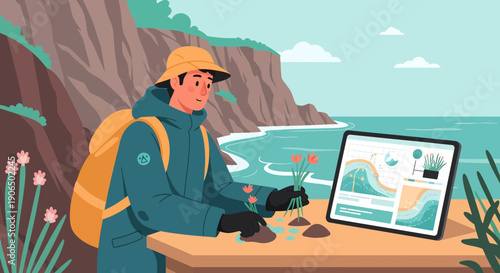 Botanist Analyzing Plant Data on Tablet by the Coast.