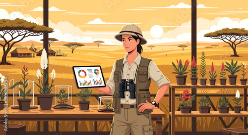 Botanist Analyzing Data in African Savannah Greenhouse.
