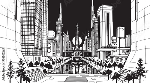 City landscape. Different buildings on street, outline cityscape hand sketch, flat houses. Hand drawn vector illustration