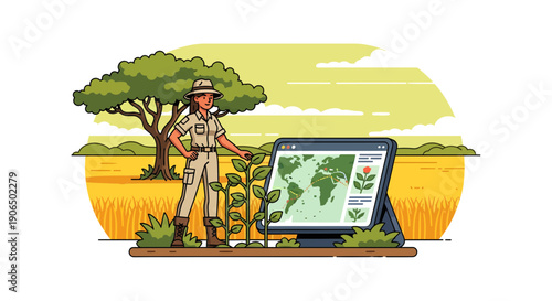 Botanist analyzing plant distribution on a digital tablet in a field.