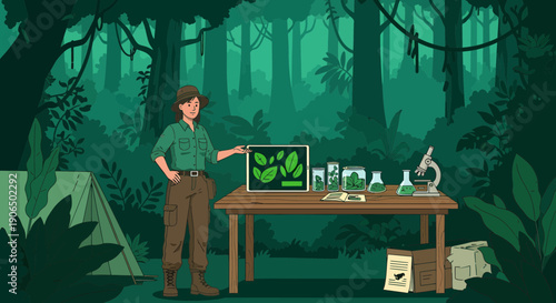 Botanist Examining Plant Samples in Forest Laboratory Illustration.