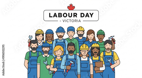 Diverse group of workers celebrating labour day in victoria canada with tools and hard hats symbolizing unity and hard work