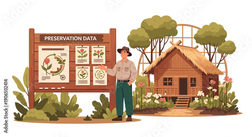 Conservationist Explaining Preservation Data Near a Cabin.