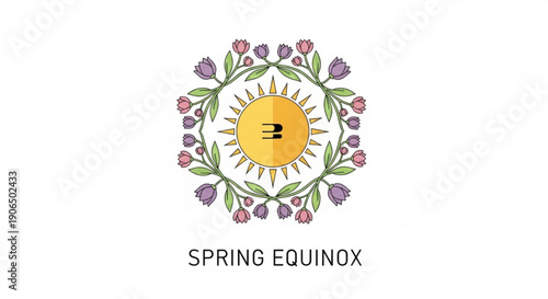 Vibrant spring equinox logo with blooming flowers and sun symbol on white background representing renewal and seasonal change