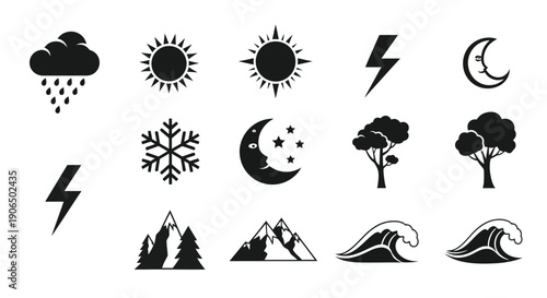 Black and white weather and nature icons depicting various environmental elements