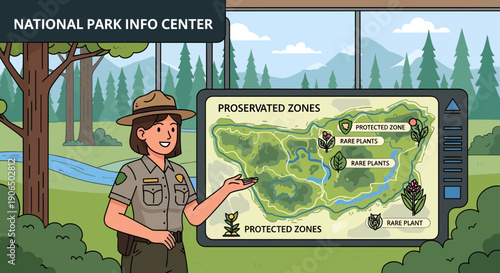 Park Ranger Explaining Protected Zones at National Park Info Center.
