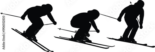 Skiing silhouettes collection, downhill sport motion with athletes in crouched positions, winter activity, dynamic posture, athletic training elements, flat vector illustration