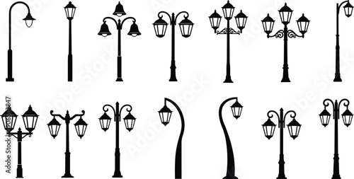 Street lamp silhouettes collection, modern and vintage lantern designs, ornate and simple urban lighting fixtures for architecture, cityscape, outdoor decor, flat vector illustration