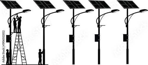 Solar street light silhouettes with installation workers, renewable energy infrastructure, modern urban lighting fixtures, sustainable power distribution elements, flat vector illustration