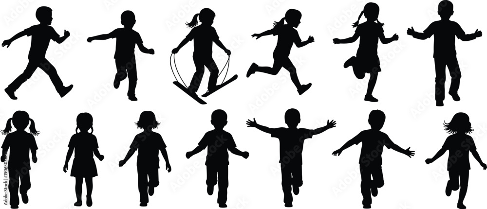 Fototapeta premium Children, silhouettes, activity, play, running, walking, , fitness, exercise, outdoor, sports, recreation, healthy, lifestyle, dynamic, poses, playful, icons, flat vector illustration