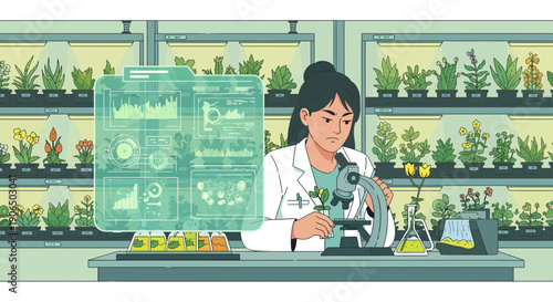 Scientist Examining Plant Specimen Under Microscope in Laboratory.