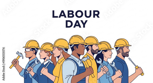 Diverse group of workers wearing hard hats celebrating labour day with tools