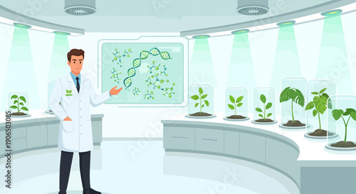 Scientist in Lab Analyzing Plant Growth and Genetic Structure.