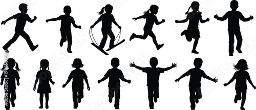 Children, silhouettes, activity, play, running, walking, , fitness, exercise, outdoor, sports, recreation, healthy, lifestyle, dynamic, poses, playful, icons, flat vector illustration
