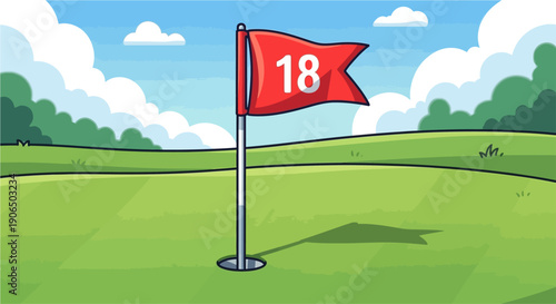 A red golf flag with the number 18 on a green golf course under a blue sky with white clouds, indicating the hole.