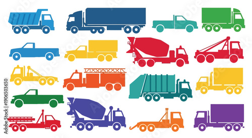 Colorful collection of various types of trucks and construction vehicles
