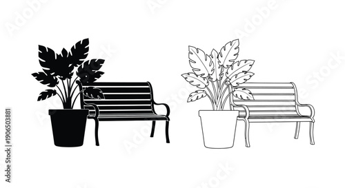 Black and white illustration of a bench with a potted plant beside it