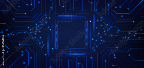 Hi tech circuit board frame with glowing blue lines and futuristic digital patterns, vector realistic illustration. High tech abstract electronic backdrop with square border and neon light