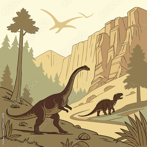 Prehistoric Dinosaur Land with Lush Vegetation and Volcano