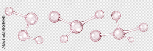 3D molecular structure with transparent glass atoms and bonds, realistic vector illustrations. Chemical formula model isolated on transparent background, laboratory and science symbol