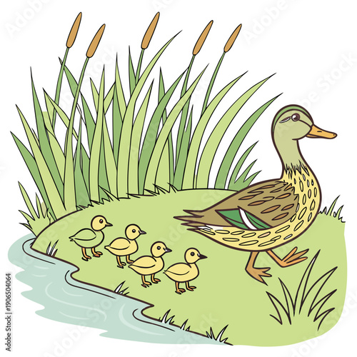 Mother Duck Leads Ducklings, Cute Family Scene in Water