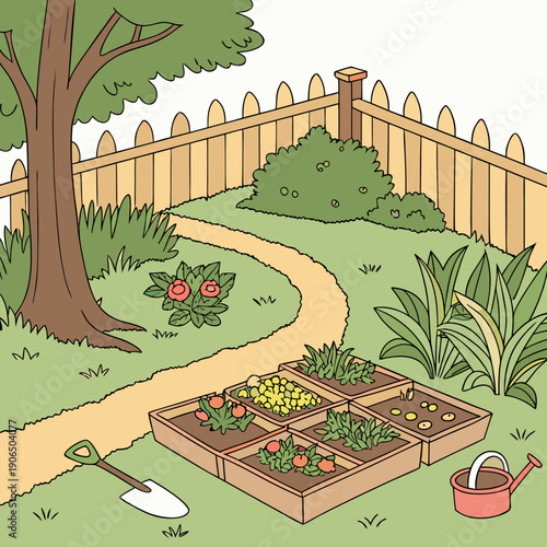 Lush Backyard Garden with Greenery and Flowers in Bloom