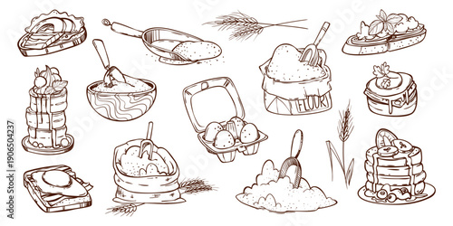 Sketch bakery doodle icons isolated on white background. Vector illustrations of fresh bread, flour bag, pancakes and toasts with avocado, whimsical hand drawn design elements for menu or showcase