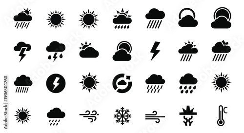 Collection of black silhouette weather icons depicting various atmospheric conditions