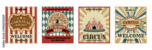 Retro circus carnival cards set, poster design with classic striped tent. Vintage vector illustration, fair striped background, ornamental borders for festive flyer layouts and event promotions