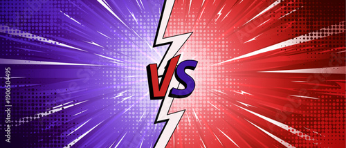 Dynamic comic book versus background with vibrant red purple design. Abstract vector illustration, retro halftone explosion banner for battle scenes, super hero vs poster, frame for competitive game