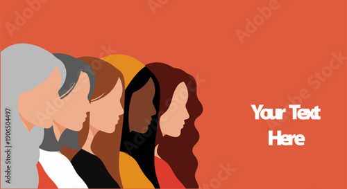 Diverse women profile vector illustration, multi-ethnic female faces, orange background, copy space