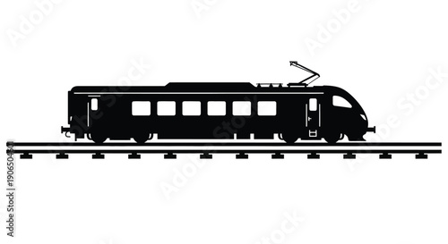 Black silhouette of a modern electric train on railway tracks