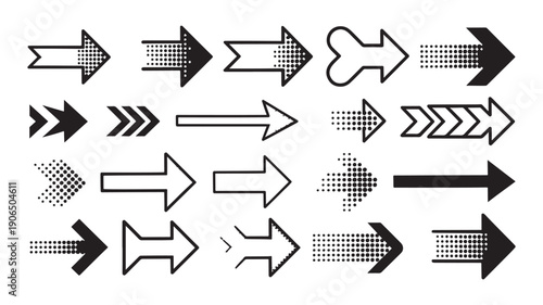 Geometric arrow pointer collection for infographic flow diagrams, presentation progression indicators, process mapping visualizations, and instructional material navigation systems