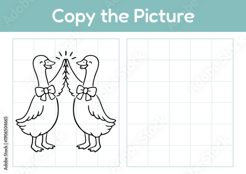Two geese with bows facing each other in grid drawing activity  