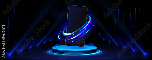 Smartphone mockup on 3D round podium with neon blue glowing ring and spotlights, realistic vector illustration. Glowing tech elements and digital light effects for mobile phone app presentation.