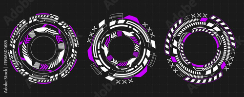 Futuristic round hud interface with circular tech elements and glowing target frames, isolated vector illustration. Abstract icons for cyber game design and sci-fi digital displays