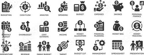 Budget icon set. Containing expense, money management, cash flow, savings, spending, income, allocation, cost estimate and more.
