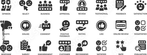 Review icon set. Containing feedback, rating, testimonial, satisfaction, comment, opinion, like, customer, recommend and more.