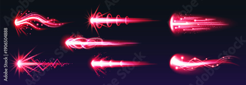 Cartoon fire blast effect with energy trails and glowing beams, isolated vector illustrations on black. Game gun effect UI design elements, comic style laser weapon with dynamic action, vibrant color