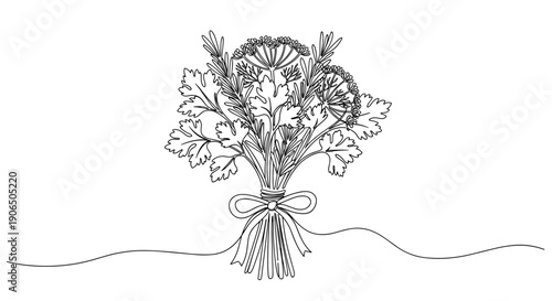 Charming line art illustration of a bouquet of kitchen herbs for culinary inspiration and women’s celebrations