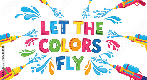 Holi festival colorful paint splashes with text 'Let the colors fly', vector illustration for poster or banner