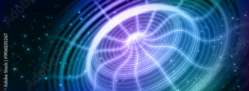 Abstract tech ripple circles on dark blue sky background with glowing stars. Vector illustration of neon circular wave pattern from light lines, sound effect. Modern design for presentations