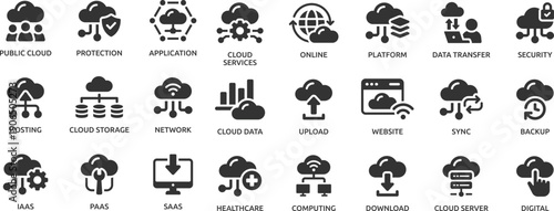 Cloud services icon set. Cloud computing, storage, hosting, sync, data transfer, cloud server, network, online, SAAS, digital and more.