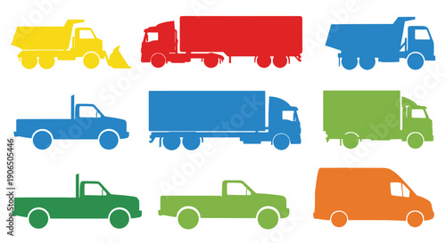 Colorful silhouettes of various commercial trucks and pickup vehicles