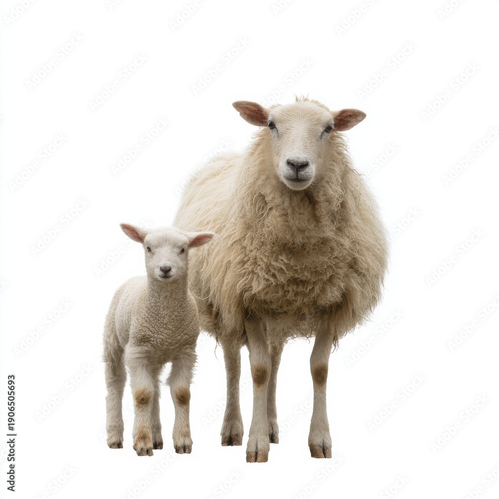 Fototapeta premium Adult sheep and lamb standing together on a white background